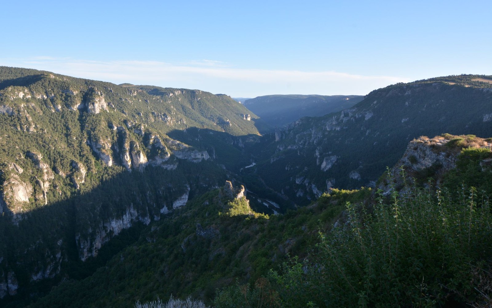 Wooded limestone cliffs rise steeply above a deep river gorge under a clear sky